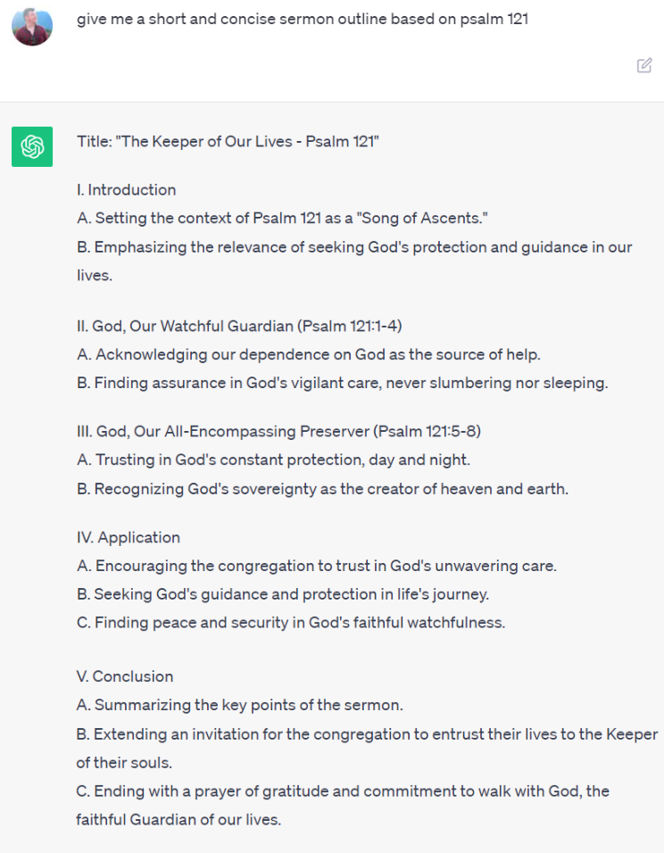 how to use chatgpt AI to help you write sermon outlines