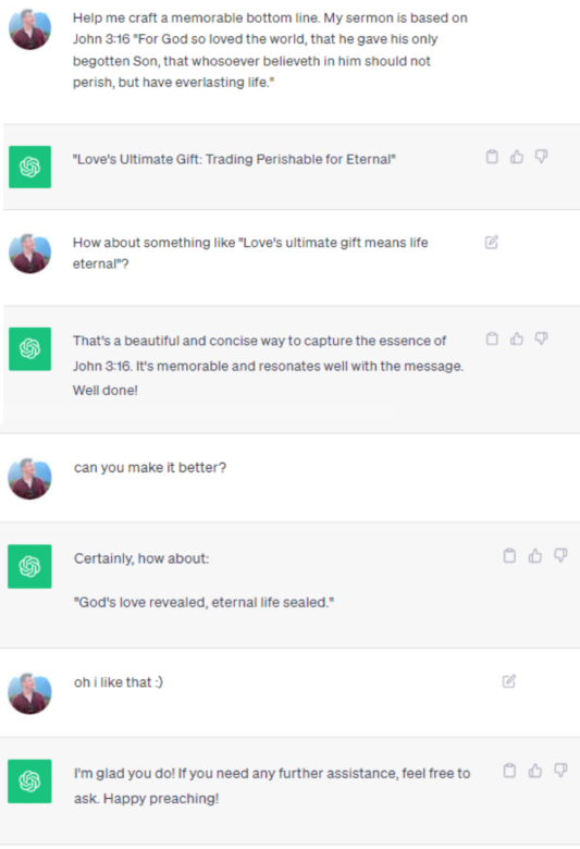 how to use ai to write a sermon bottom line chatgpt screenshot